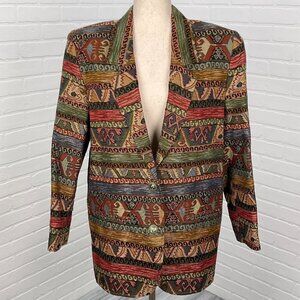 Ascente Sport Blazer Women Medium Red Green Tapestry‎ Aztec Southwestern USA VTG